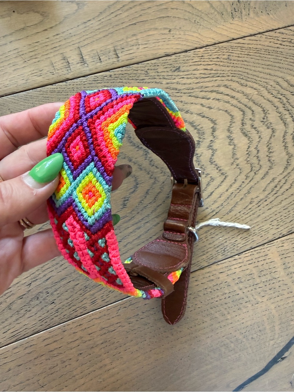 Handmade Mexican Woven Dog Collar – Leather + Colorful Embroidery – Approx. 20”